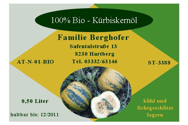 K&uuml;rbiskern&ouml;letikette 0,5l mit rundem Logo und Schriftfarbe angepasst